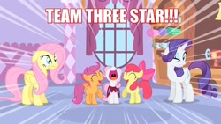 Size: 1280x720 | Tagged: safe, derpibooru import, edit, edited screencap, screencap, apple bloom, scootaloo, sweetie belle, stare master, cape, clothes, cmc cape, cutie mark crusaders, dragonball z abridged, image macro, open mouth, team three star, teamfourstar, text, yelling