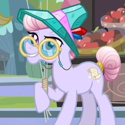 Size: 550x550 | Tagged: safe, derpibooru import, screencap, amethyst maresbury, crystal pony, pony, the crystal empire, agate, agatha, apple, balloon, grin, hat, holding, raised hoof, smiling, solo, tail wrap