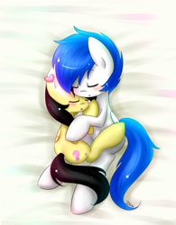 Size: 1559x2000 | Tagged: dead source, safe, artist:mrsremi, derpibooru import, oc, oc only, oc:dino, pegasus, pony, blushing, duo, eyes closed, female, filly, sleeping