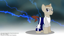 Size: 1024x585 | Tagged: safe, artist:xain-russell, derpibooru import, clothes, cole macgrath, good karma, ice, infamous, lightning, ponified, solo