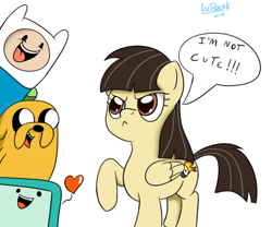 Size: 1200x1000 | Tagged: safe, artist:icebreak23, wild fire, pegasus, pony, adventure time, blatant lies, bmo, crossover, cute, denial's not just a river in egypt, female, finn the human, heart, i'm not cute, jake the dog, mare, raised hoof, tsundere, unamused, wild fire is not amused