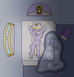 Size: 1728x1788 | Tagged: safe, artist:gogglesparks, dinky hooves, pony, unicorn, bed, blanket, bubble, clock, crying, eyes closed, female, filly, on back, pillow, shivering, sleeping, trash can, waking up, window