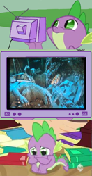 Size: 580x1100 | Tagged: safe, derpibooru import, spike, dragon, kaiju, crying, exploitable meme, godzilla, godzilla (series), godzilla junior, godzilla vs destoroyah, meme, obligatory pony, sad, tv meme