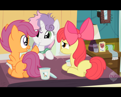 Size: 1920x1536 | Tagged: safe, artist:facelessjr, apple bloom, scootaloo, sweetie belle, bed, bed mane, clothes, cutie mark crusaders, fake screencap, hospital, hub logo, i can't believe it's not hasbro studios, ice cream, scarf