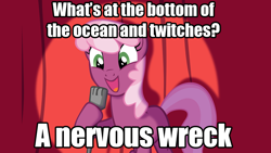 Size: 960x540 | Tagged: safe, derpibooru import, cheerilee, earth pony, pony, cheerilee pun, curtain, exploitable meme, female, green eyes, image macro, joke, mare, meme, microphone, open mouth, pun, smiling, solo, spotlight, text, two toned mane, two toned tail