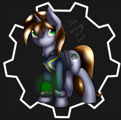 Size: 1600x1590 | Tagged: safe, artist:capseys, derpibooru import, oc, oc only, oc:littlepip, pony, unicorn, fallout equestria, clothes, cutie mark, fanfic, fanfic art, female, gears, hooves, horn, mare, pipbuck, smiling, solo, stable door background, vault suit