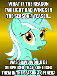 Size: 625x833 | Tagged: safe, derpibooru import, lyra heartstrings, pony, unicorn, season 4, conspiracy lyra, discussion, exploitable meme, female, green coat, horn, itsajokepeople, looking at you, mare, meme, open mouth, simple background, solo, text, two toned mane