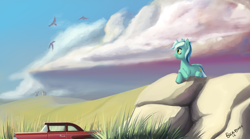 Size: 1800x1000 | Tagged: safe, artist:rublegun, derpibooru import, lyra heartstrings, bird, car, cloud, cloudy, field, fluffy, grass, nash metropolitan, prone, rock, scenery, silo, smiling, solo, unshorn fetlocks, windmill, wip