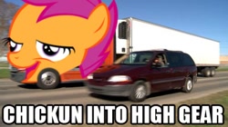 Size: 400x224 | Tagged: safe, scootaloo, chicken, chickun, exploitable meme, forced meme, meme, truck