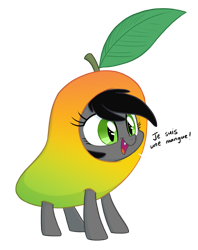 Size: 1000x1262 | Tagged: safe, artist:equestria-prevails, derpibooru import, oc, oc only, oc:jasmine, bat pony, fruit bat, pony, clothes, costume, cute, fangs, filly, french, fruit, hnnng, mango, ocbetes, open mouth, simple background, smiling, solo, standing, transparent background