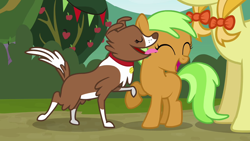 Size: 1280x720 | Tagged: safe, screencap, apple crumble, marmalade jalapeno popette, winona, dog, earth pony, pony, apple family reunion, apple family, apple family member, background pony, cute, eyes closed, filly, happy, licking, open mouth, raised hoof, raised paw