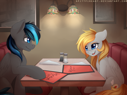 Size: 1600x1200 | Tagged: safe, artist:spittfireart, derpibooru import, oc, oc only, pegasus, pony, booth, commission, diner, female, looking at each other, male, mare, restaurant, smiling, stallion, table