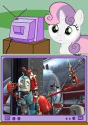 Size: 564x800 | Tagged: safe, sweetie belle, sweetie bot, pony, robot, robot pony, unicorn, exploitable meme, female, fender, filly, foal, horn, robots (movie), rodney copperbottom, teeth, tv meme