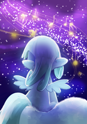 Size: 1447x2046 | Tagged: safe, artist:gashiboka, derpibooru import, oc, oc only, oc:snowdrop, pegasus, pony, cloud, music notes, night, solo