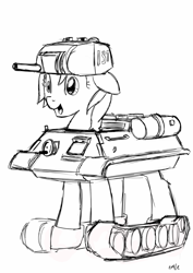 Size: 800x1131 | Tagged: safe, artist:nasse, derpibooru import, oc, oc only, monochrome, pony tank, solo, t-34, tank (vehicle), tank pony