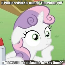 Size: 500x500 | Tagged: safe, derpibooru import, edit, edited screencap, screencap, sweetie belle, pony, unicorn, ponyville confidential, female, filly, horn, image macro, implied limestone pie, implied pinkie pie, meme, palindrome get, solo, sudden clarity sweetie belle, text, two toned mane, white coat, wide eyes