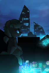 Size: 1300x1950 | Tagged: safe, artist:whydomenhavenipples, oc, oc only, oc:lithium flower, earth pony, pony, city, cityscape, cyberpunk, female, freckles, mare, neon, neon sign, ponytail, prosthetic limb, scenery, sitting on roof, solo