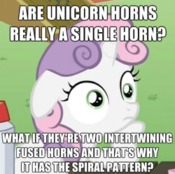 Size: 500x498 | Tagged: safe, derpibooru import, edit, edited screencap, screencap, sweetie belle, pony, unicorn, ponyville confidential, female, filly, floppy ears, headcanon, horn, image macro, meme, overthinking it, solo, sudden clarity sweetie belle, text, theory, two toned mane, white coat, wide eyes