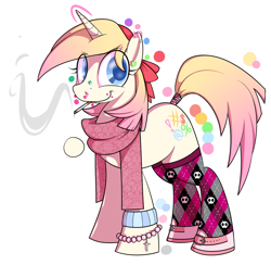 Size: 1560x1525 | Tagged: safe, artist:xxluv-bug004xx, derpibooru import, oc, oc only, pony, unicorn, bracelet, checkered socks, cigarette, clothes, earring, female, mare, nose ring, piercing, scarf, smoking, socks, solo