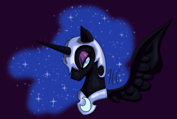 Size: 915x617 | Tagged: safe, artist:hoshima-chan, derpibooru import, nightmare moon, alicorn, black coat, female, horn, mare, simple background, solo