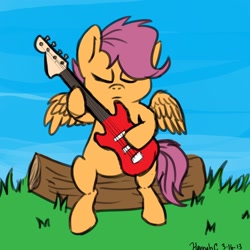 Size: 1440x1440 | Tagged: safe, artist:radhannah, scootaloo, bass guitar, eyes closed, log, musical instrument, scootabass, sitting, solo