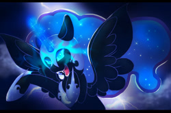 Size: 1101x725 | Tagged: safe, artist:xsilvertigress, nightmare moon, alicorn, pony, black coat, female, horn, mare, solo, wings