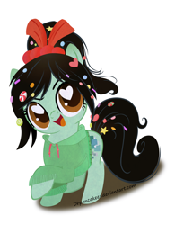 Size: 3510x4500 | Tagged: safe, artist:drpancakees, clothes, hairband, heart eyes, hoodie, ponified, solo, sugar rush, vanellope von schweetz, wingding eyes, wreck-it ralph