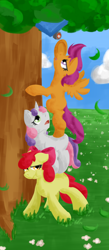 Size: 1000x2300 | Tagged: safe, artist:geomancing, apple bloom, scootaloo, sweetie belle, cutie mark crusaders, pile, pony pile, scooter, tower of pony, tree