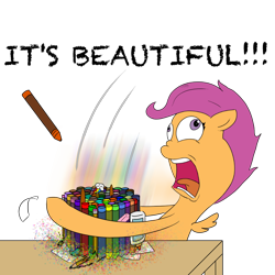 Size: 1000x1000 | Tagged: safe, artist:wripple, scootaloo, crayon, derp, glitter, glue, nailed it, paintbrush, pencil