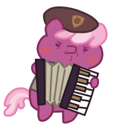 Size: 355x392 | Tagged: safe, artist:omegaozone, cheerilee, pony, /k/, accordion, animated, beret, bipedal, chibi, dat face soldier, frown, mitchirineko march, musical instrument, pony parade, remove kebab, simple background, solo, transparent background