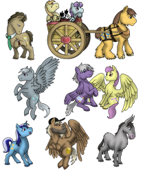 Size: 1119x1346 | Tagged: safe, artist:philosophypony, chance-a-lot, cletus, crafty crate, creme brulee, doctor whooves, liza doolots, minuette, noi, parasol, petunia, silver script, silverspeed, tootsie flute, donkey, horse, mule, cart, necktie, realistic, simple background, transparent background, watch