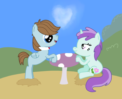 Size: 2088x1696 | Tagged: safe, artist:nevillucy, liza doolots, petunia, tootsie flute, chip mint, colt, female, filly, male, mushroom, rain catcher, shipping, straight, table