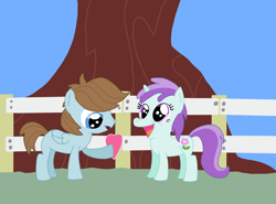 Size: 2288x1696 | Tagged: safe, artist:nevillucy, liza doolots, petunia, tootsie flute, hearts and hooves day (episode), chip mint, colt, female, fence, filly, happy, heart, hearts and hooves day, male, rain catcher, shipping, straight, valentine, valentine's day