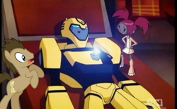 Size: 720x447 | Tagged: safe, edit, screencap, doctor whooves, adorkable, bumblebee, cartoon network, dork, sari sumdac, time turner in places he shouldn't be, transformers, transformers animated