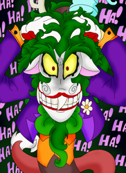 Size: 1589x2188 | Tagged: safe, artist:blackbewhite2k7, discord, batman, crossover, insanity, jokercord, laughing, the joker, the killing joke