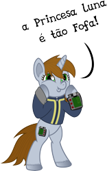 Size: 3111x5000 | Tagged: safe, artist:age3rcm, oc, oc only, oc:littlepip, pony, unicorn, fallout equestria, bipedal, clothes, comic, dashface, dialogue, fanfic, fanfic art, female, hooves, horn, mare, pipbuck, portuguese, simple background, solo, translated in the description, transparent background, unshorn fetlocks, vault suit, vector