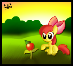 Size: 558x499 | Tagged: safe, artist:neoncabaret, apple bloom, earth pony, pony, apple, female, filly, flower, food