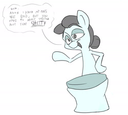 Size: 2000x1811 | Tagged: safe, artist:anontheanon, oc, oc only, oc:kohlette, object pony, original species, toilet pony, bedroom eyes, but why, dialogue, grin, implied anon, ponified, pun, simple background, solo, toilet, vulgar, wat