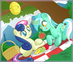 Size: 3000x2563 | Tagged: safe, artist:danmakuman, bon bon, lyra heartstrings, sweetie drops, bee, earth pony, pony, unicorn, apple, banana, basket, beehive, duo, dutch angle, food, magic, picnic, picnic basket, picnic blanket, smiling, telekinesis, tongue out, tree