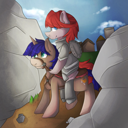 Size: 3000x3000 | Tagged: safe, artist:oddends, oc, oc only, armor, building, cloud, cloudy, fantasy class, knight, ponies riding ponies, reins, rock, saddle, smiling, warrior