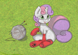 Size: 989x695 | Tagged: safe, artist:joey darkmeat, sweetie belle, clothes, colored, cute, needle, socks, solo, yarn