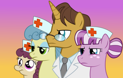 Size: 3929x2481 | Tagged: safe, artist:kutejnikov, doctor horse, doctor stable, nurse coldheart, nurse sweetheart, nursery rhyme, earth pony, pony, unicorn, derp, glasses, gradient background, midget, necktie, nurse