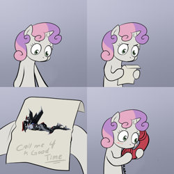 Size: 1200x1200 | Tagged: safe, sweetie belle, pony, unicorn, bipedal, call me for a good time, exploitable meme, female, filly, gradient background, hoof hold, horn, letter, meme, paper, solo, starscream, sweetie's note meme, transformers, transformers prime, two toned hair, white coat