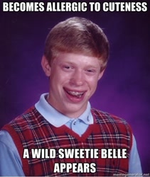 Size: 400x473 | Tagged: safe, sweetie belle, human, bad luck brian, barely pony related, exploitable meme, image macro, implied heart attack, irl, irl human, meme, photo, pokémon