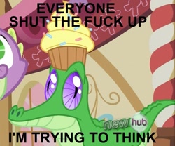 Size: 791x657 | Tagged: safe, gummy, spike, dragon, cupcake, image macro, vulgar