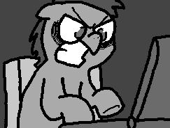 Size: 243x184 | Tagged: safe, artist:pokehidden, oc, oc only, oc:big brian, pony, spoiler:banned from equestria daily 1.5, animated, banned from equestria daily, chair, computer, explicit source, grayscale, laptop computer, male, monochrome, rage, rageposting, reaction image, sitting, solo, stallion, typing, vibrating