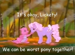 Size: 635x466 | Tagged: safe, baby lickety split, spike, dragon, g1, comic sans, text, worst pony