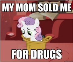 Size: 233x200 | Tagged: safe, sweetie belle, basket, drugs, image macro, sad, sweetiebuse