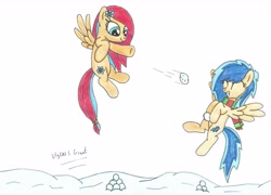 Size: 6654x4800 | Tagged: safe, artist:ulyssesgrant, oc, oc only, oc:blueberry blitz, oc:ion, pegasus, pony, absurd resolution, clothes, happy, scarf, snow, snowball, snowball fight, traditional art, winter