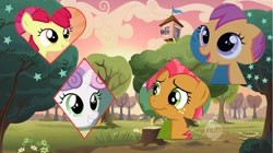 Size: 1192x668 | Tagged: safe, apple bloom, babs seed, scootaloo, sweetie belle, cutie mark crusaders